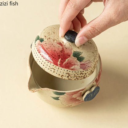 Hand Drawn Floral Ceramic Teaware Set Portable Travel Tea Set Outdoor Camping Kung Fu Tea Set 1 Pot 3 Cups Tea Brewing Utensils