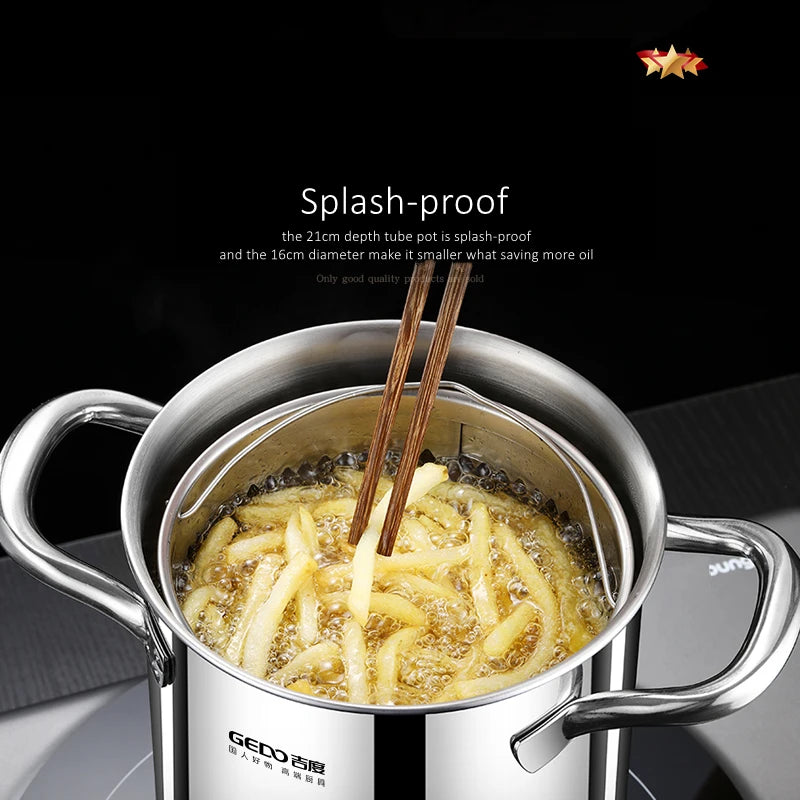 LFGB Certificated 304 Stainless Steel Kitchen Deep Fryer Potato Chip Frying Pot Noodle Vegetable Stewing Pot with Strainer