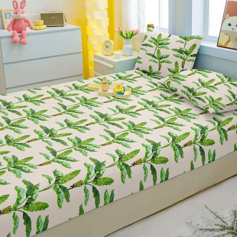 1 Simple Modern Plant Flower Printed Matte Fitted Sheet, Bedroom Printed Bed Cover, Bedding (Excluding Pillowcases)