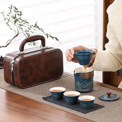 Travel tea set, portable Kung Fu tea set, ceramic teapot, tea can, tea cup, outdoor quick cup, tea can, leather bag packaging