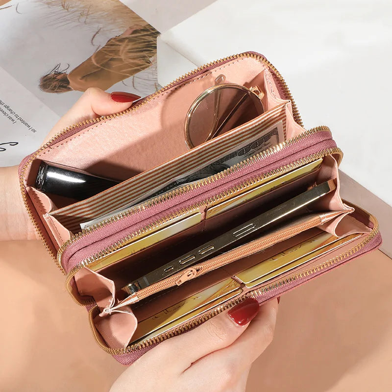 Billetera de mujer larga carteras femeninas de monedas monedas billeteras billeteras de cartera de doble cremallera puro de cuero PU bolso de dinero de lujo