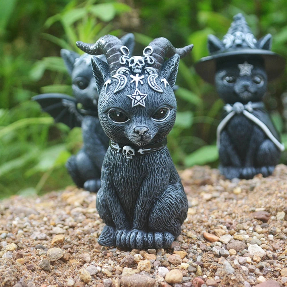 Halloween décorative Figurine Garden Sculpture de chat de chat Sculpture gothique gothique Black Magic Cat Chowl Ornement Wizard mignon miniature