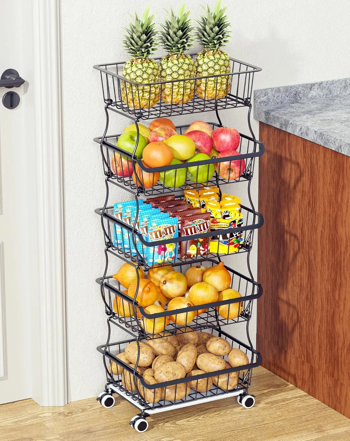 Pantry Floor Organizer and Storage Cart with Wheels, Stackable Wire Pantry Baskets for Pantry Shelves, Kitchen Fruit Basket