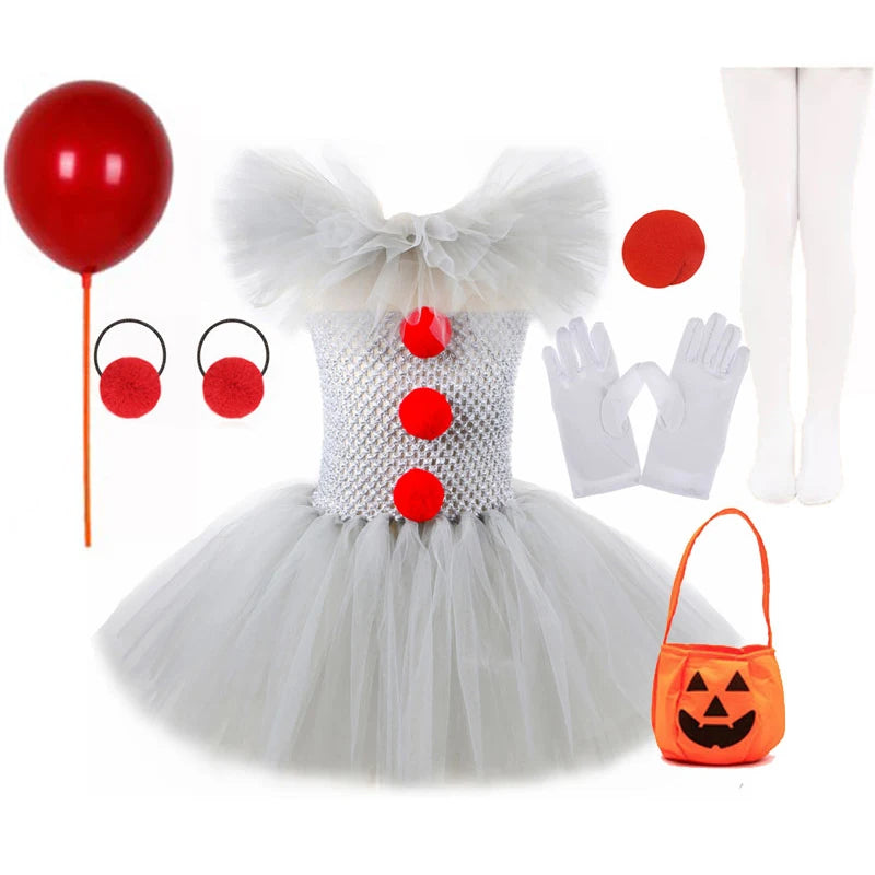 Halloween Gray Joker Girls Costume Tutu Dress Creepy Clown Kids Carnival Party Cosplay Clothing Children Tyll Fancy Dress