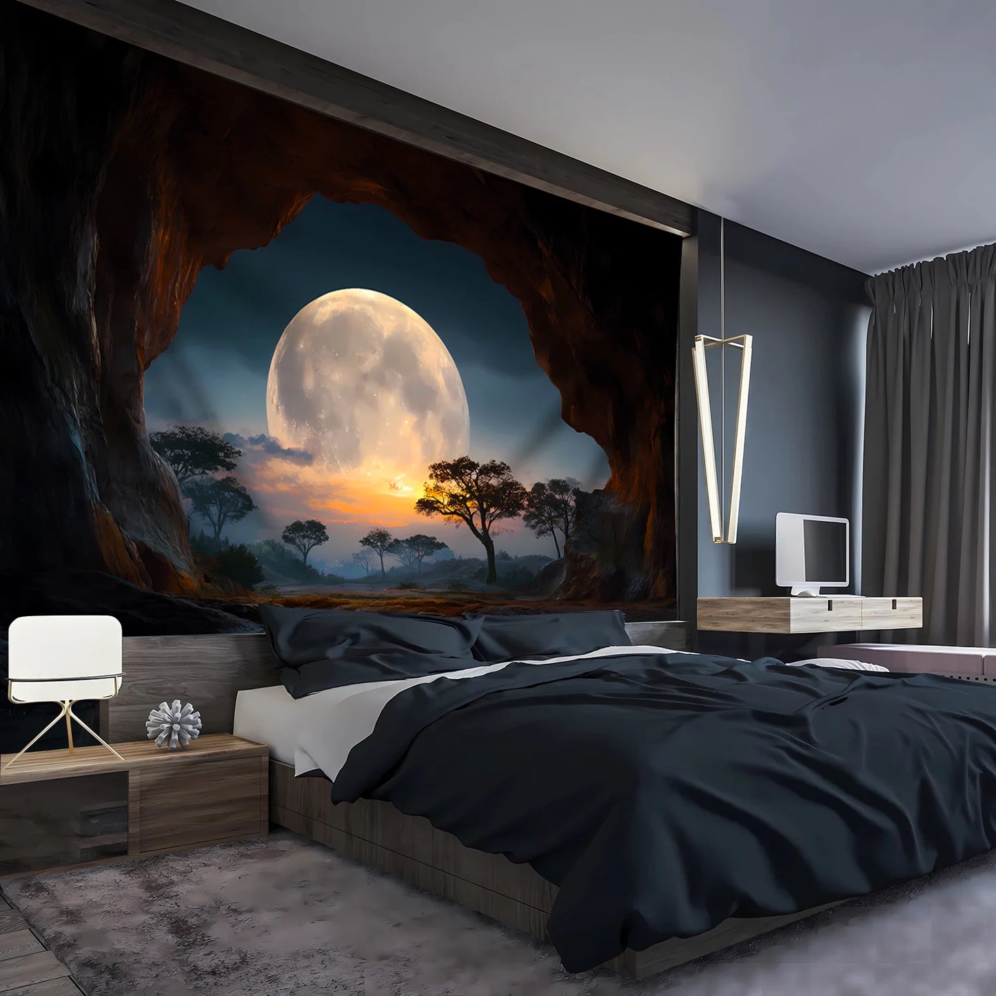 1 piece Tranquil Cave Forest Moon Scenery Tapestry - Polyester fabric, machine washable, suitable for living room, bedroom