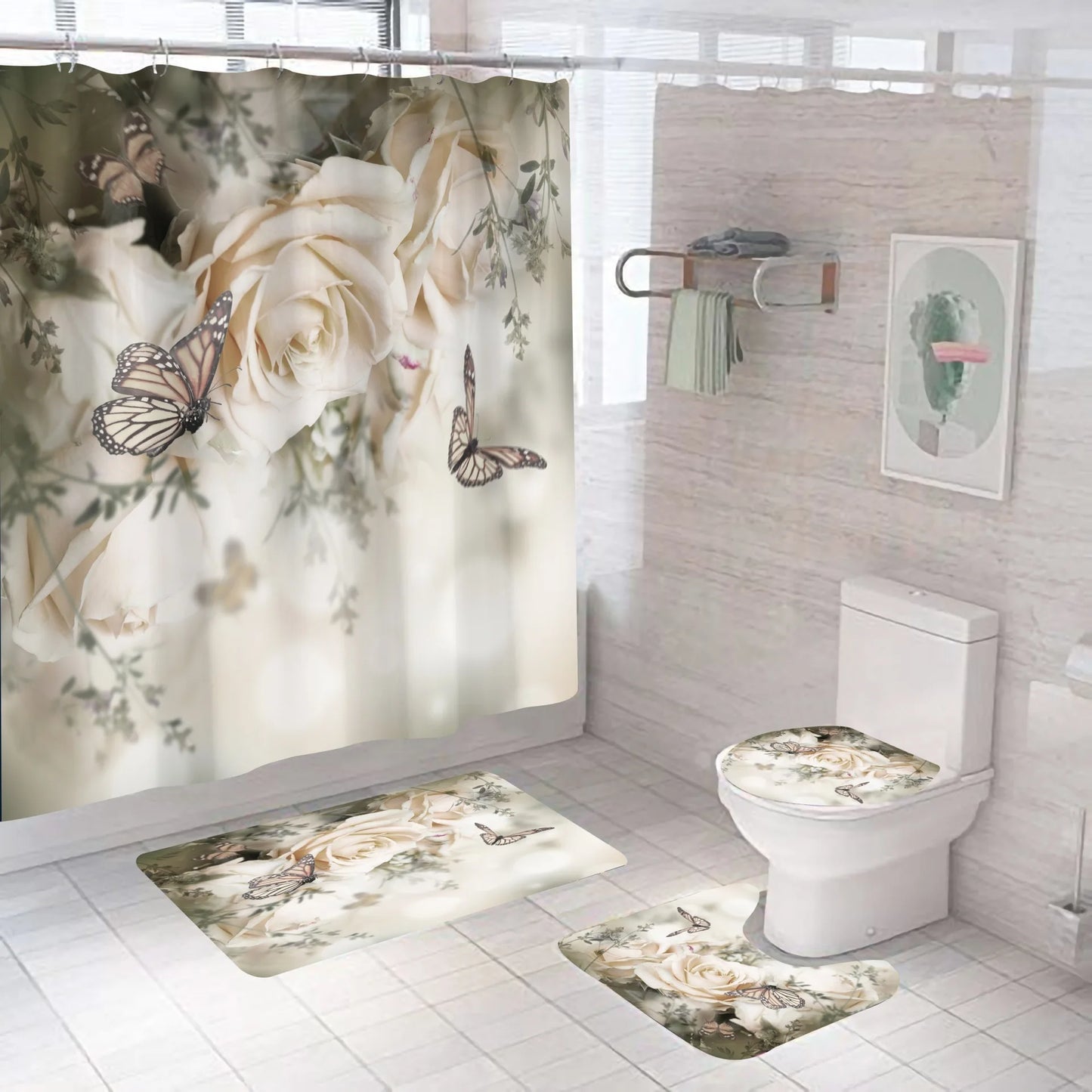 3D Digital Printing Flowers Shower Curtain Waterproof Polyester Bathroom Curtains Colorful Shower Curtain Set Bath Mats Rugs