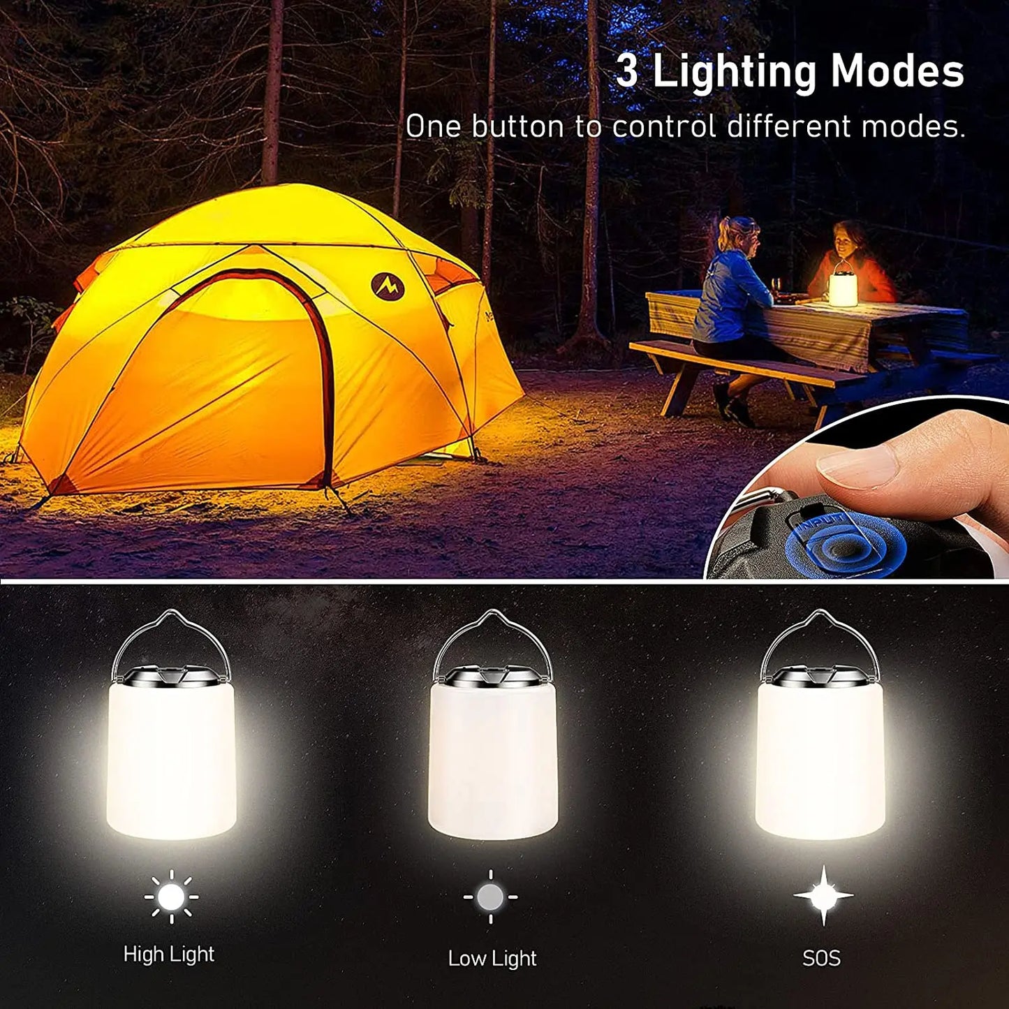 Lumière de camping rechargeable, lumière de camping de lampe de poche -3000K Lumière blanche chaude, camping / randonnée d'urgence imperméable Lumière