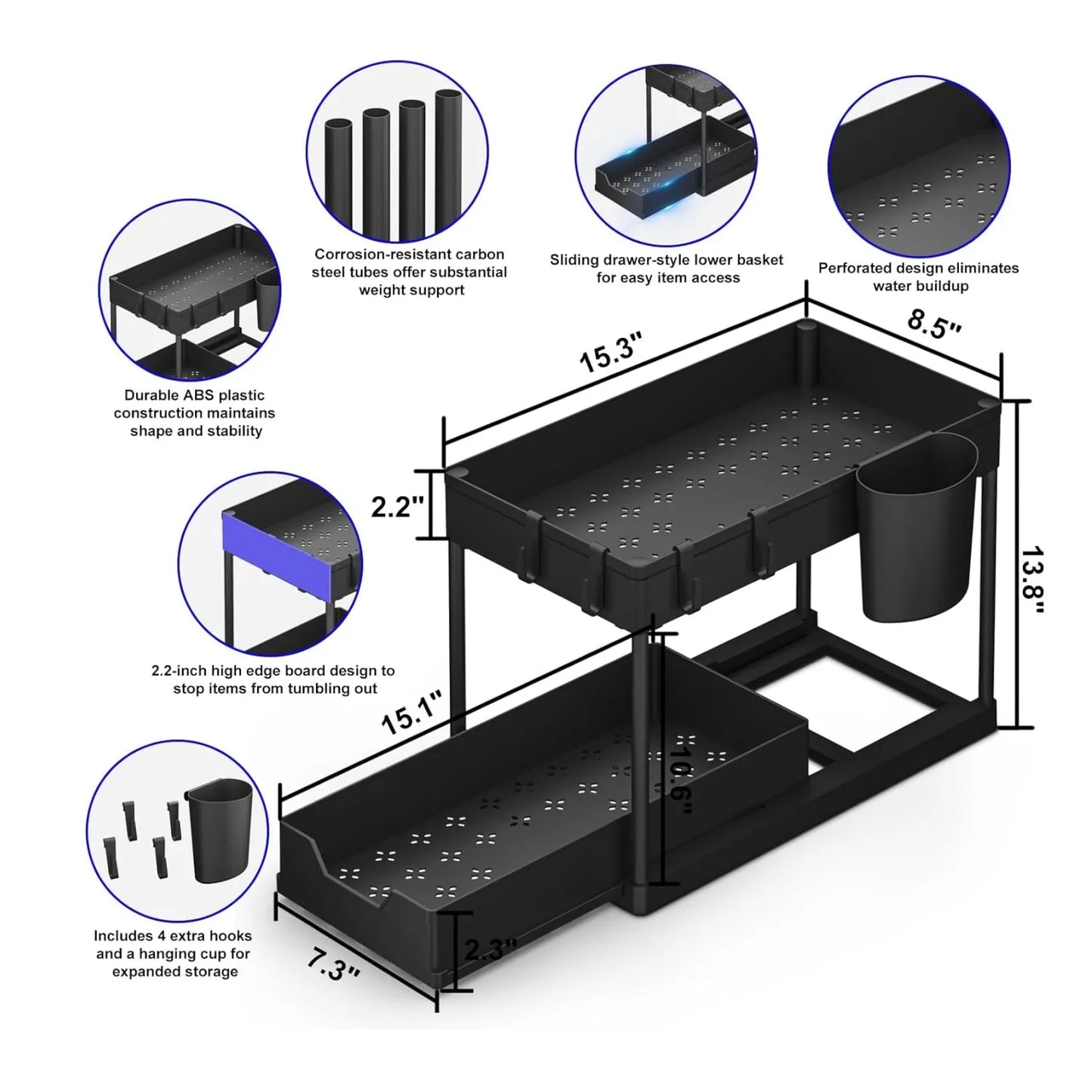 Unter dem Waschbecken Organizer Rack 2 Stufe unter Schiebetschrank Korb Organizer Schublade mit 4 Haken, Lagerhalter für Badezimmer Küche