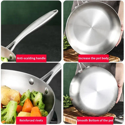 304 Stainless Steel Frying Pan, NonStick Pan Fried Steak Pot  Uncoated Kitchen Cookware For Gas Stove and Induction Cooker