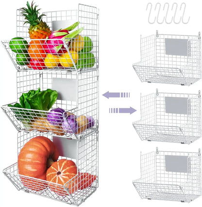 Metal Wire Basket Wall Mount, 4 Tier Extra Large Wall Storage Basket Organizer with Chalkboards, Kitchen Fruits and Vegetables