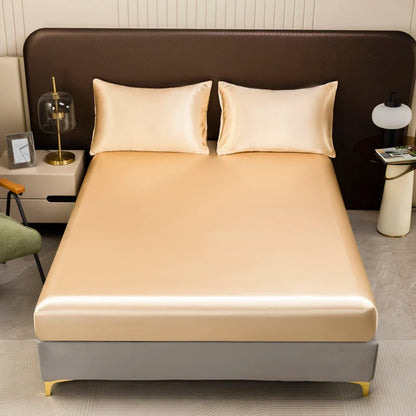 1Pc Satin Fitted Sheet Solid Colour Twin Full Queen Ice Silk Mattress Cover Natural With Elastic Band Bed Sheet (No Pillowcase)