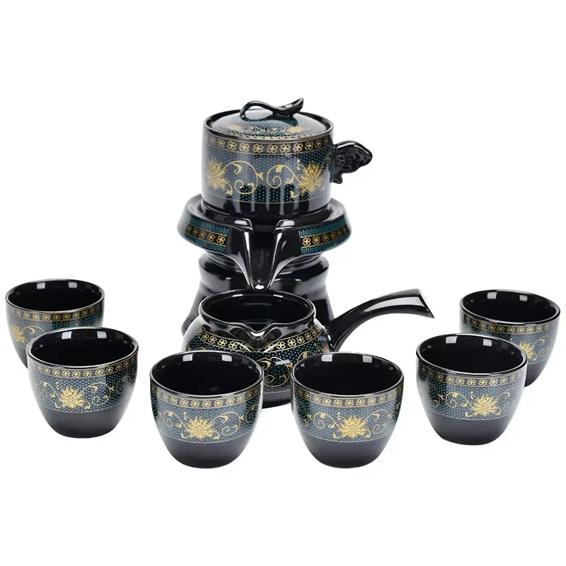 Creative Full Flower Graphite Automatic Tea Set Rotating Set Retro Ceramic Kung Fu Gift Teapot Teaware Sets
