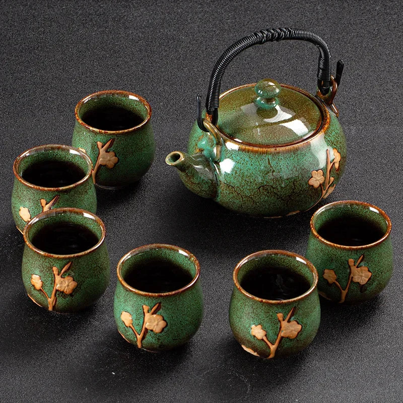 White Porcelain Gilded Relief Plum Blossom Teaware Sets Ceramic Large Lifting Beam Teapot and Tea Cup
