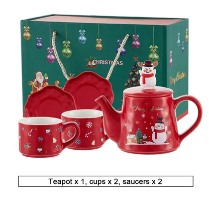 Christmas Ceramics Teaware Sets Coffee Cup & Saucer Santa Claus Elk Snowman Tea Pot and Cup Set Drinkware Xmas Gift 1 Pot 2 Cups