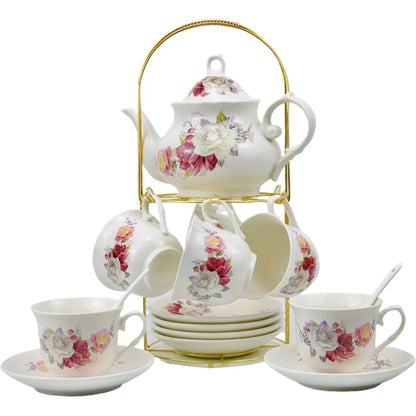 20-piece Bone China Tea Set, Gold Coffee Set, Gold Metal Rack, Home and Party Tea Gift Set (010)