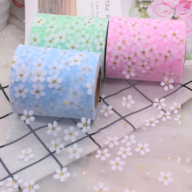 6 cm 5yards Floret TuLle Daisy Ribbon Roll Diy Handmade Craft Hair Ornament Baking Cherry Blossoms Gedrukte Mesh Fabric Supplies