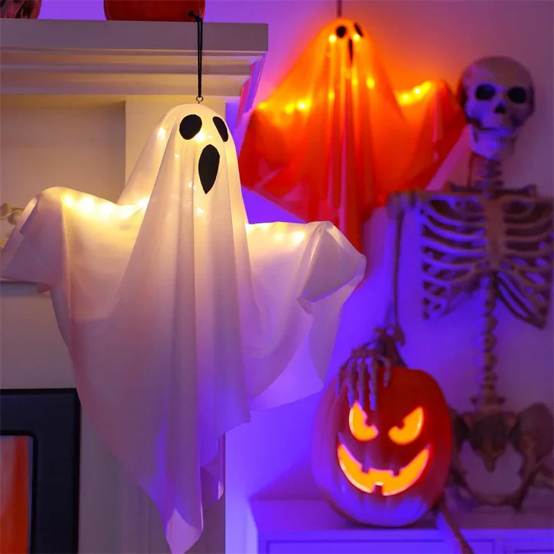 2024 LED GLOW GHOST PARTY HALLOWEEN DECORATION за дома на закрито на открито, обитаван от духове бар бар висящ ужас реквизит със светлини