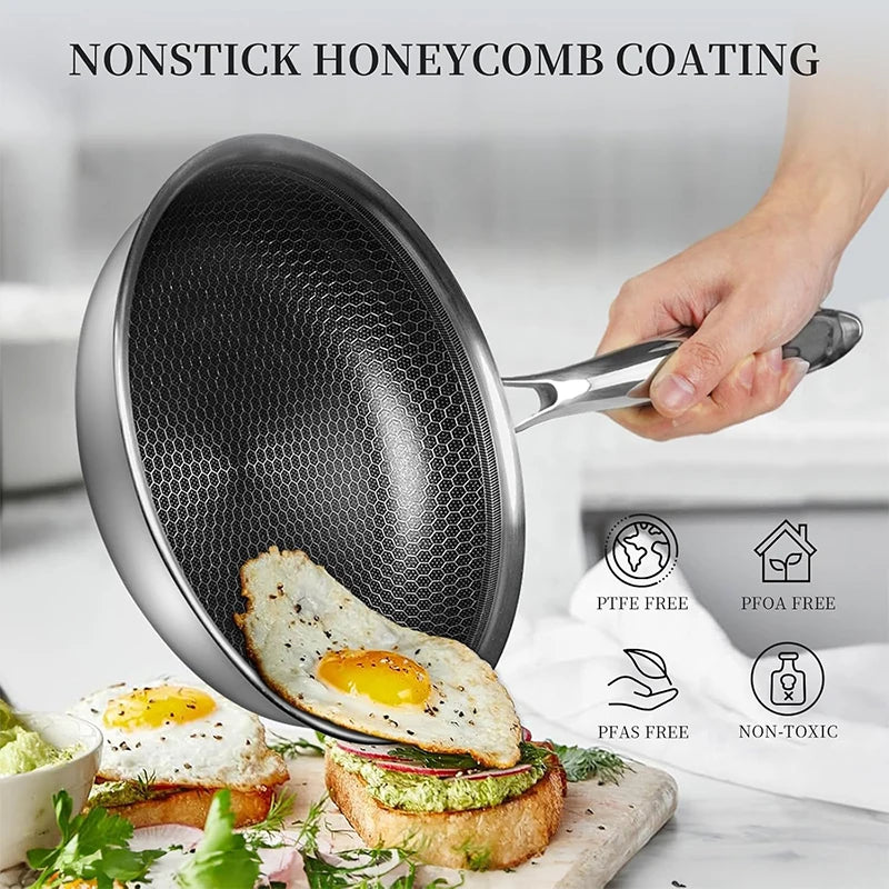 Stainless Steel Frying Pan with Lid Honeycomb Non Stick Frying Pan Non Toxic Skillet Egg Omelete Pans Kitchen Cookware JT561