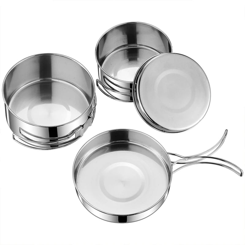 2 piezas/set utensilines de cocina Kit de cocción de cocina de acero inoxidable kit de cocina y sartén con tazas de platos para mochilero para acampar al aire libre