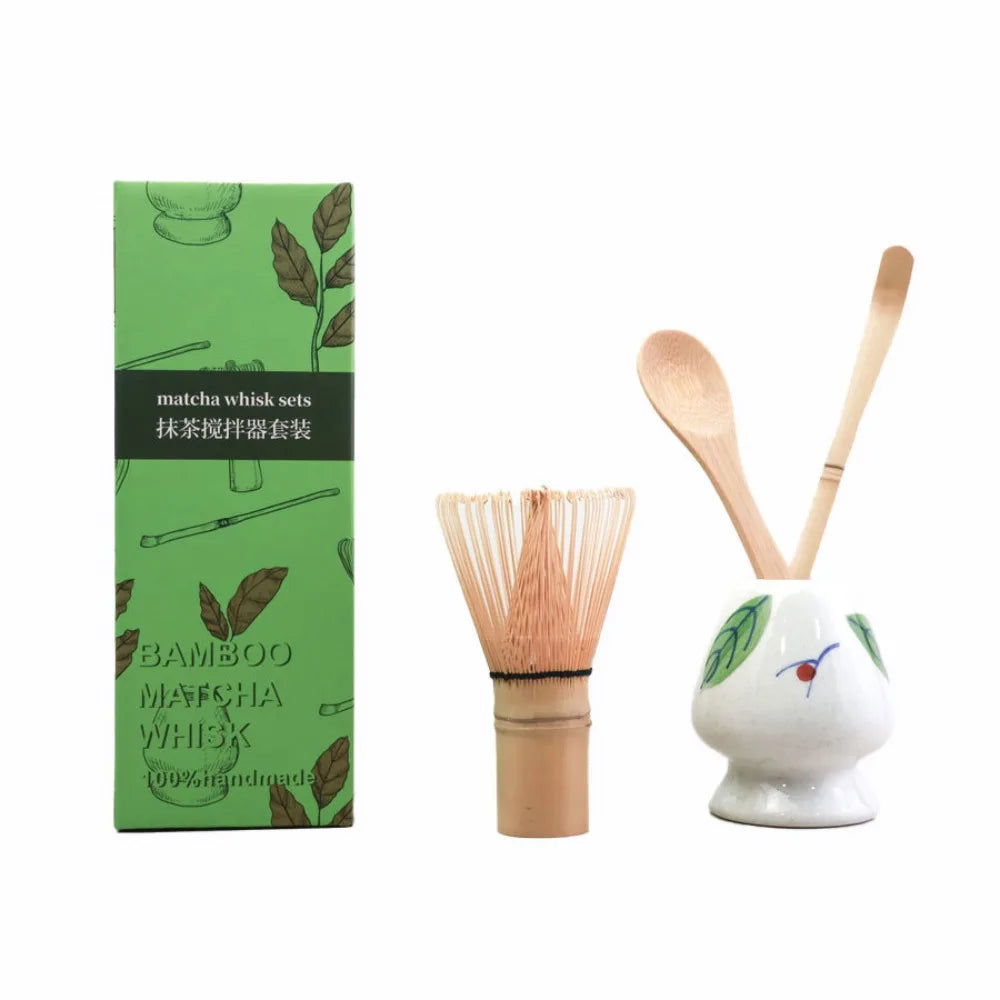 4PCS New Bamboo Ceramic Matcha Whisk Set Food Grade Safe Japanese Matcha Tea Set Traditional Reusable Chasen Holder Stirring