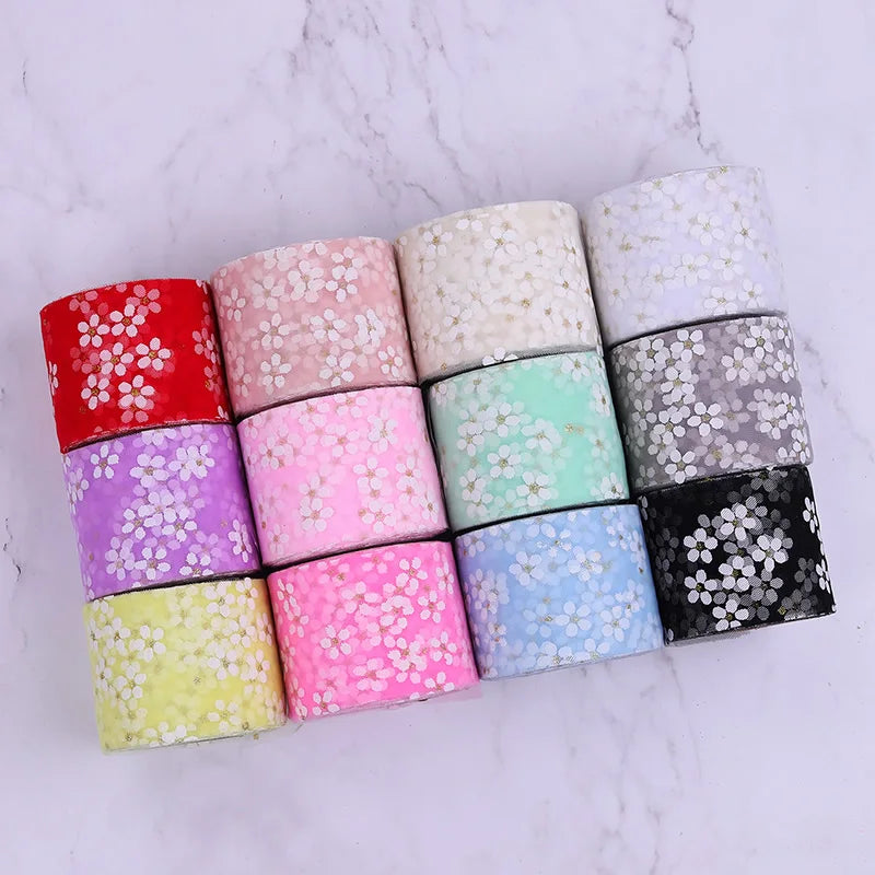 6 cm 5yards Floret TuLle Daisy Ribbon Roll Diy Handmade Craft Hair Ornament Baking Cherry Blossoms Gedrukte Mesh Fabric Supplies