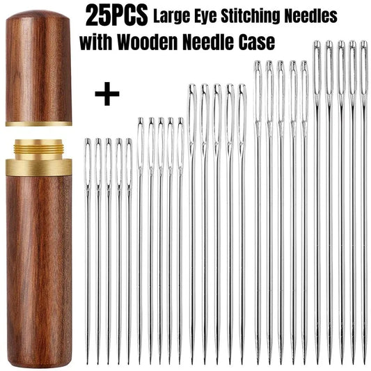 25 pcs große Augennadeln, 5 Größen Big Eye Hand nähen scharfe Nadeln Stickelfadennadel mit Holznadelgehäuse