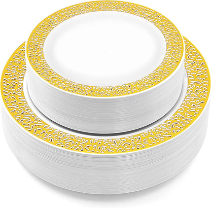 40/20pcs Gold Plastic Plates,Party Dinner Plates and Salad/Dessert Plates Combo,Heavy Duty Plastic Plates for Parties Wedding