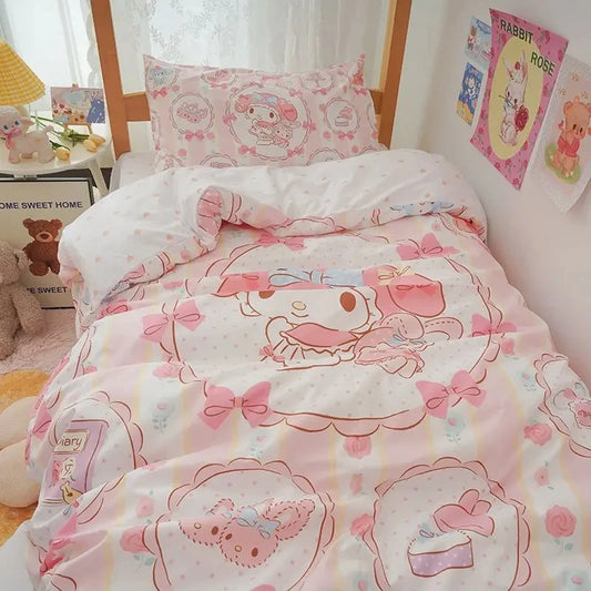 Kawaii Duvet Cover Sanrio Anime Cartoon My Melody Cinnamoroll Kuromi Comforter Cover Bleding Set Деца момиче жени Декор за легло