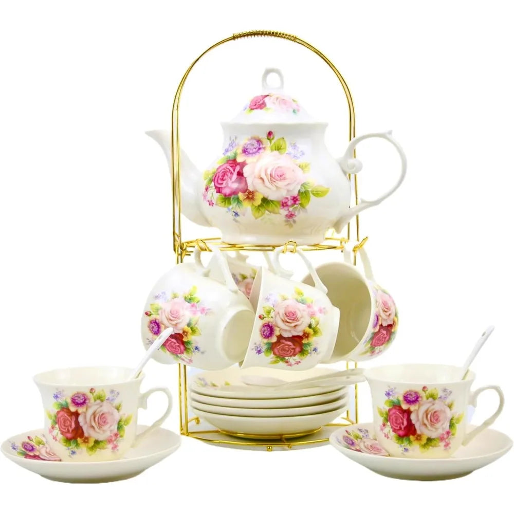 20-piece Bone China Tea Set, Gold Coffee Set, Gold Metal Rack, Home and Party Tea Gift Set (010)