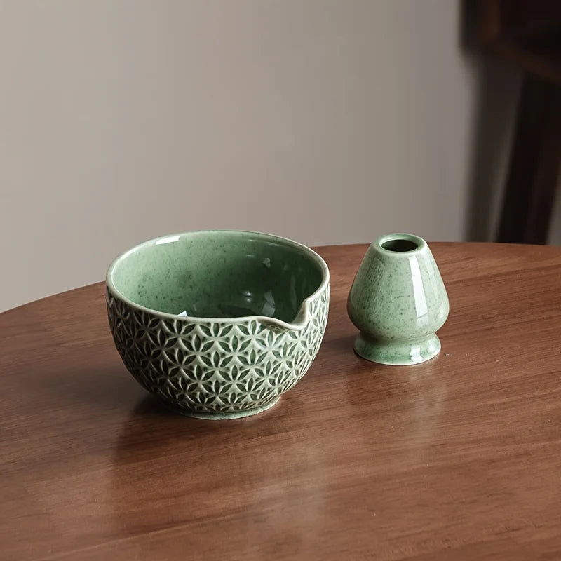 Japanese Matcha Set 2/5/6 Pieces - Green Pattern Tea Bowl, Bamboo Stirrer, Spoon & Filter - Traditional Japanese Tea Ceremony