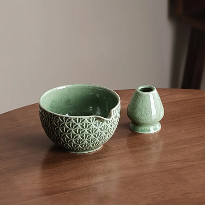 Japanese Matcha Set 2/5/6 Pieces - Green Pattern Tea Bowl, Bamboo Stirrer, Spoon & Filter - Traditional Japanese Tea Ceremony