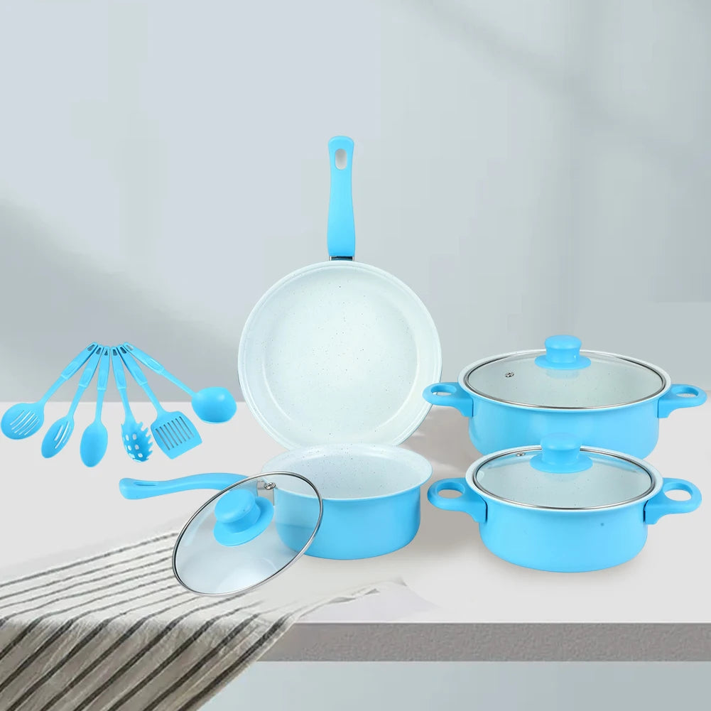 12Pcs Non Stick Cookware Set Cooking Pot with Lid Deep Frying Pan Milk Pot Maifan Stone Frying Pan for All Types of Cooker