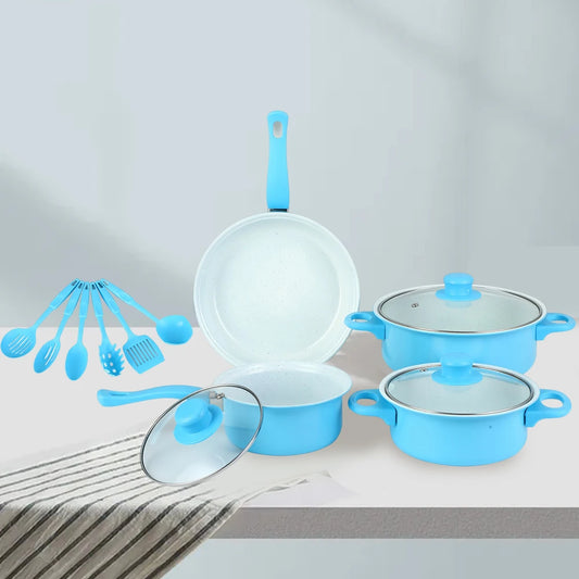 12Pcs Non Stick Cookware Set Cooking Pot with Lid Deep Frying Pan Milk Pot Maifan Stone Frying Pan for All Types of Cooker