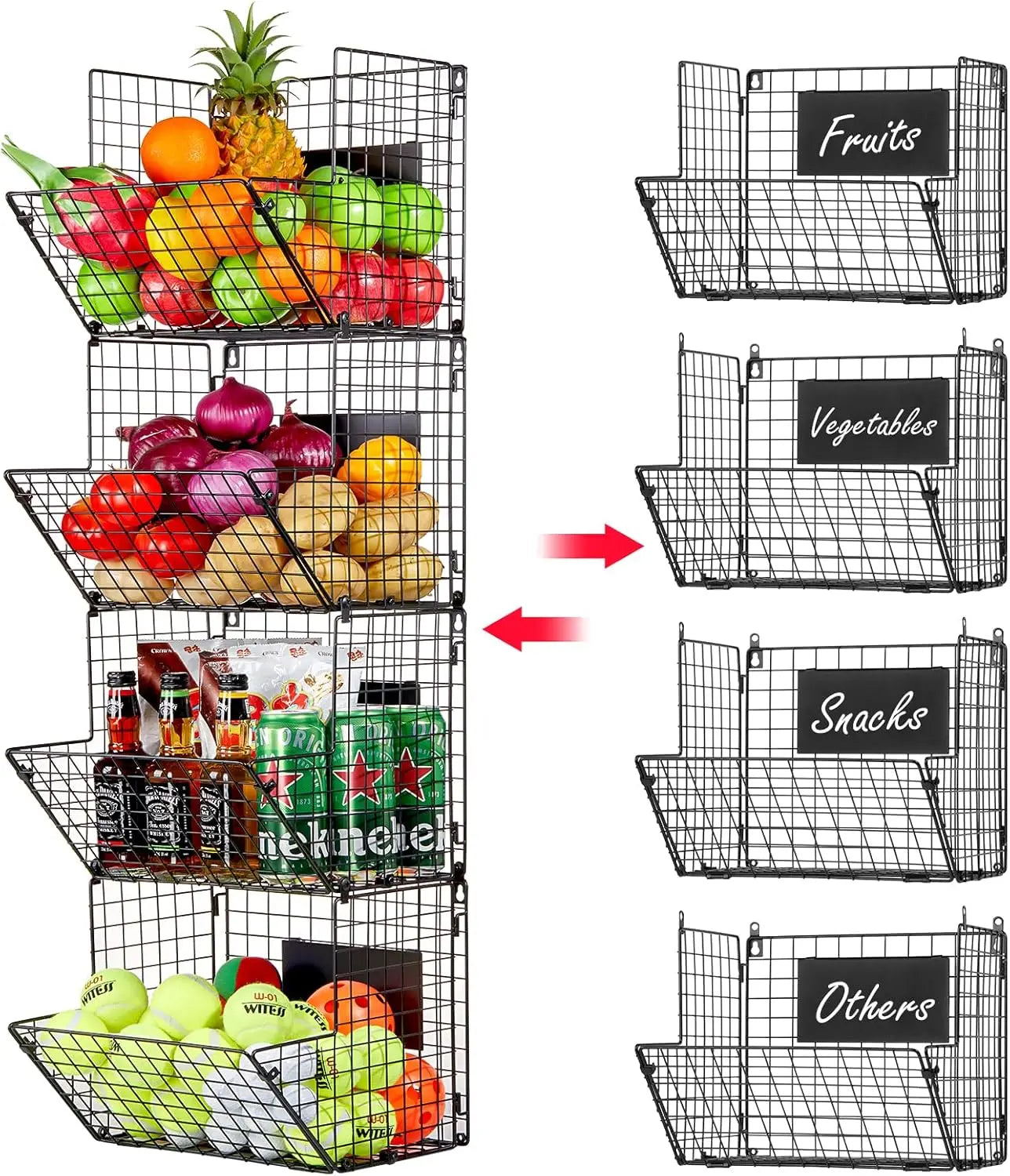 Metal Wire Basket Wall Mount, 4 Tier Extra Large Wall Storage Basket Organizer with Chalkboards, Kitchen Fruits and Vegetables