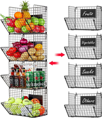 Metal Wire Basket Wall Mount, 4 Tier Extra Large Wall Storage Basket Organizer with Chalkboards, Kitchen Fruits and Vegetables