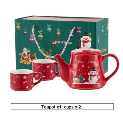 Christmas Ceramics Teaware Sets Coffee Cup & Saucer Santa Claus Elk Snowman Tea Pot and Cup Set Drinkware Xmas Gift 1 Pot 2 Cups