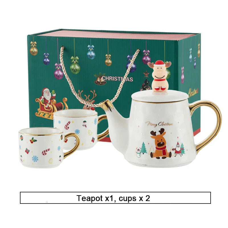 Christmas Ceramics Teaware Sets Coffee Cup & Saucer Santa Claus Elk Snowman Tea Pot and Cup Set Drinkware Xmas Gift 1 Pot 2 Cups