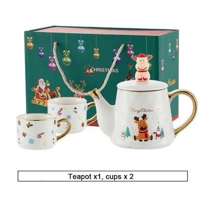 Christmas Ceramics Teaware Sets Coffee Cup & Saucer Santa Claus Elk Snowman Tea Pot and Cup Set Drinkware Xmas Gift 1 Pot 2 Cups