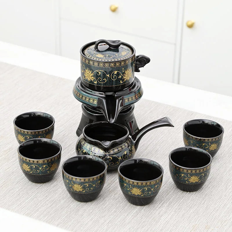 Creative Full Flower Graphite Automatic Tea Set Rotating Set Retro Ceramic Kung Fu Gift Teapot Teaware Sets