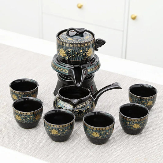 Creative Full Flower Graphite Automatic Tea Set Rotating Set Retro Ceramic Kung Fu Gift Teapot Teaware Sets