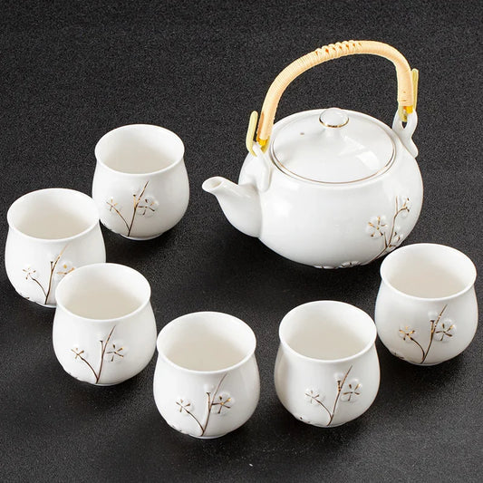 White Porcelain Gilded Relief Plum Blossom Teaware Sets Ceramic Large Lifting Beam Teapot and Tea Cup