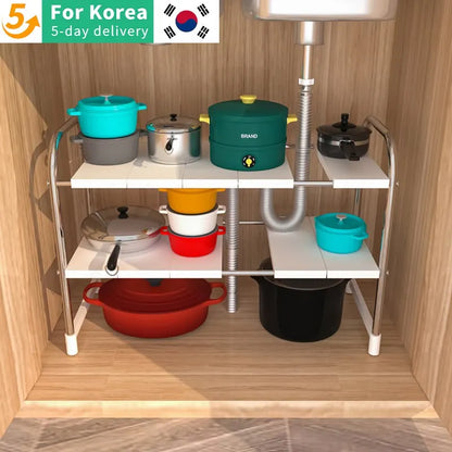 Versatile and Space-Saving Kitchen Sink Storage Rack - Retractable Shelf for Floor-to-Ceiling Cabinet, Pot Rack Included