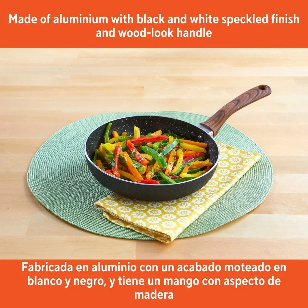 Nonstick Fry Pan Aluminum Speckled Kitchen Cookware Ergonomic Wood Look Handle Easy Clean Multi-Purpose Cooking Essential