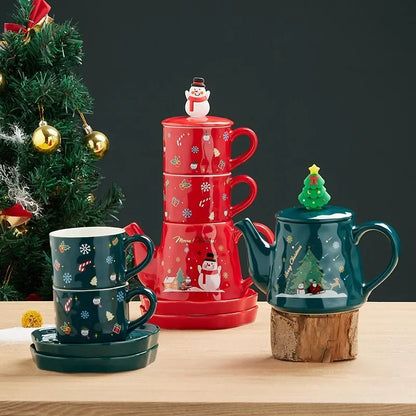 Christmas Ceramics Teaware Sets Coffee Cup & Saucer Santa Claus Elk Snowman Tea Pot and Cup Set Drinkware Xmas Gift 1 Pot 2 Cups