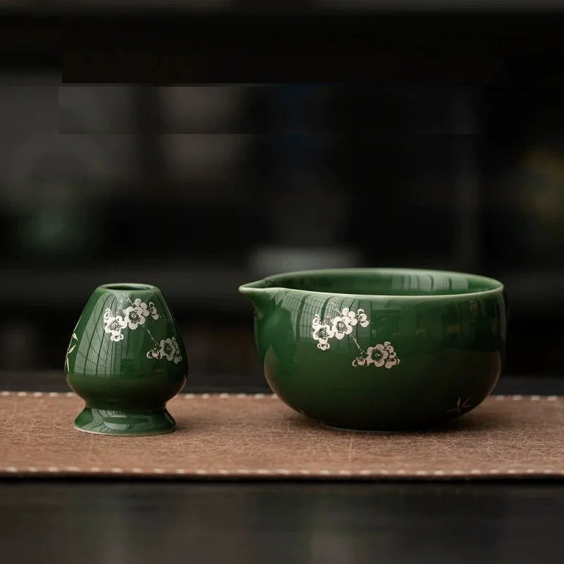 Traditional Japanese Matcha Bowl and Whisk Holder Tea Bowl with Pouring Spout for Office Table Tea Ceremony Party Gift