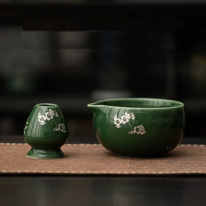 Traditional Japanese Matcha Bowl and Whisk Holder Tea Bowl with Pouring Spout for Office Table Tea Ceremony Party Gift