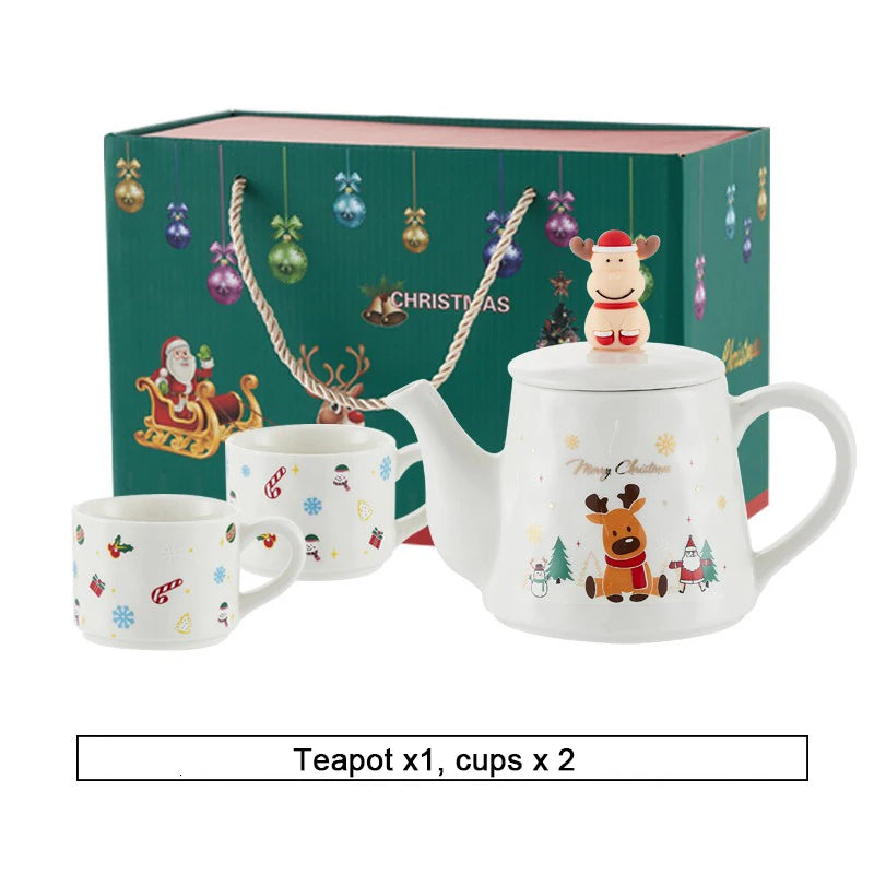 Christmas Ceramics Teaware Sets Coffee Cup & Saucer Santa Claus Elk Snowman Tea Pot and Cup Set Drinkware Xmas Gift 1 Pot 2 Cups