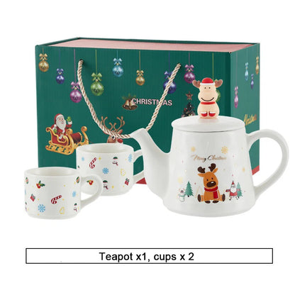 Christmas Ceramics Teaware Sets Coffee Cup & Saucer Santa Claus Elk Snowman Tea Pot and Cup Set Drinkware Xmas Gift 1 Pot 2 Cups