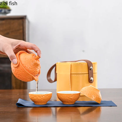 Orange Shaped Travel Tea Set Outdoor Portable Teaware Sets Storage Bag Tea Infuser Teapot Teacup Teas Brewing Utensils