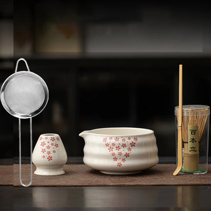 1-8Pcs Matcha sakura Set Japanese Handmade Matcha Teaset Gift Box with Glass Bowl Bamboo Spoon Ceramic Whisk Holder and Sieve